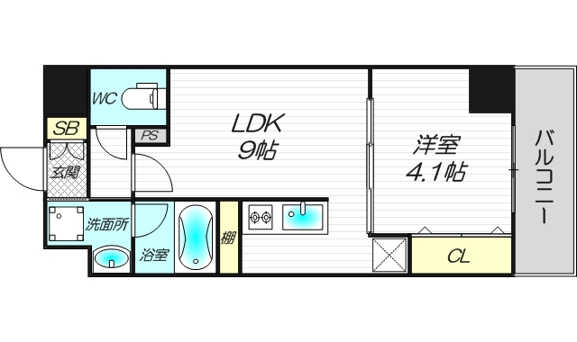グランディア大阪ノースの302号室Bタイプ1LDK32.55㎡の間取り図